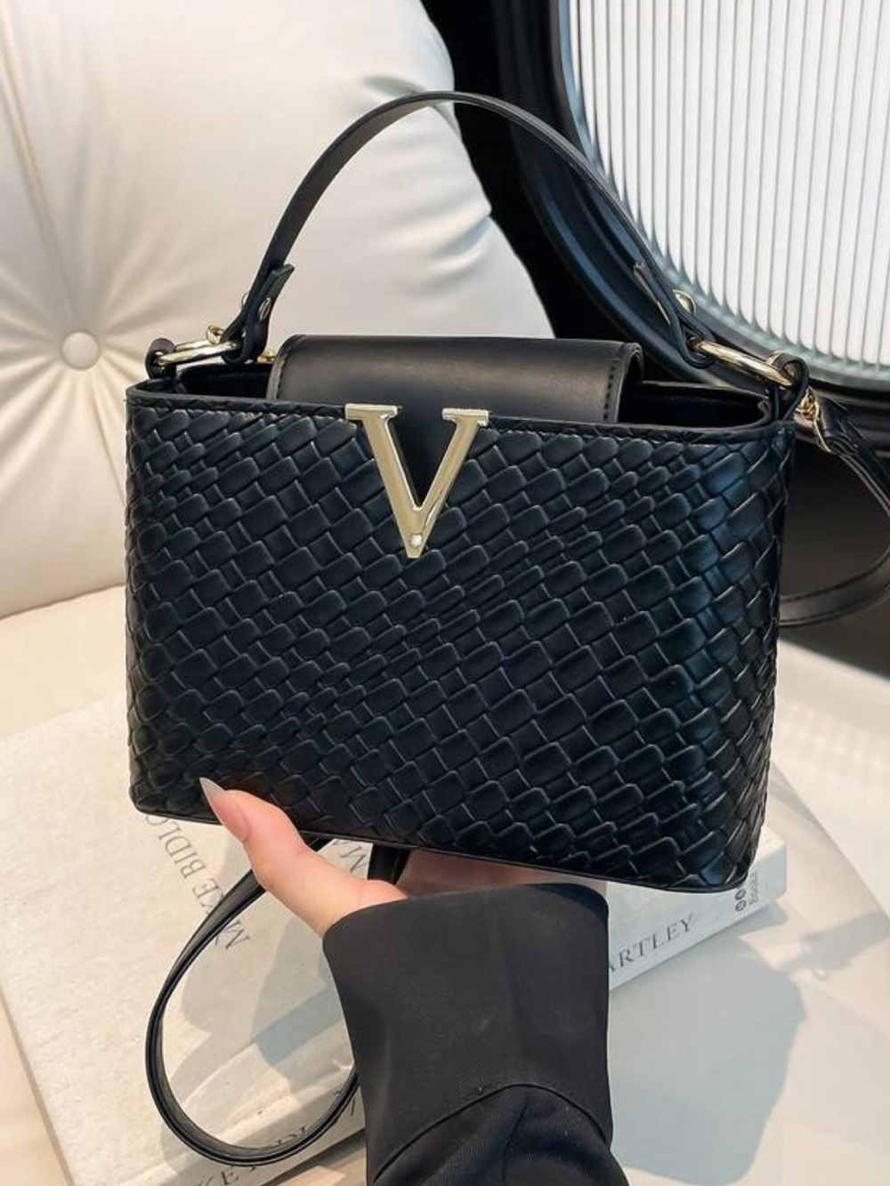 Black Woven Shoulder Bag with Gold V Accent
